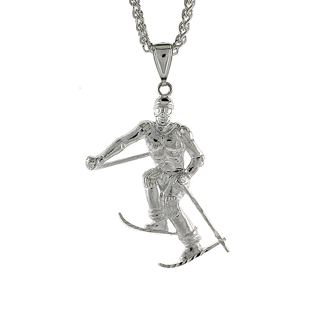 2 inch Large Sterling Silver Skier Pendant for Men Diamond Cut finish