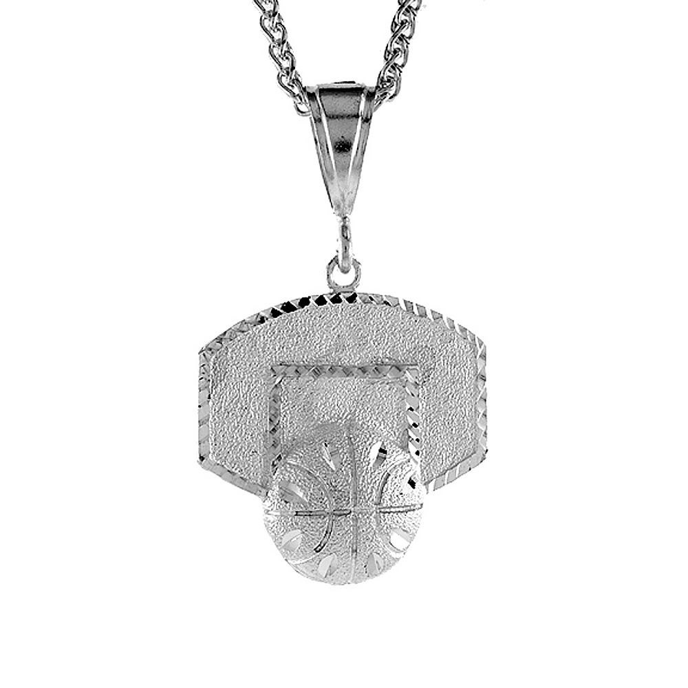 1 1/2 inch Large Sterling Silver Basketball Backboard Pendant for Men Diamond Cut finish