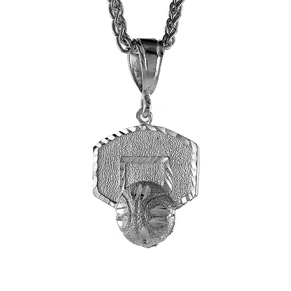 1 1/8 inch Large Sterling Silver Small Basketball Backboard Pendant for Men Diamond Cut finish