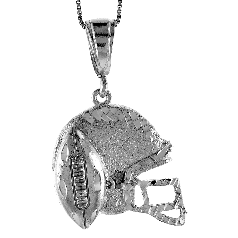 1 3/16 inch Large Sterling Silver Small Football Helmet Pendant for Men Diamond Cut finish