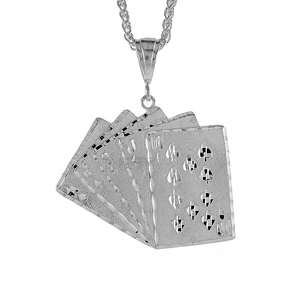 1 7/8 inch Large Sterling Silver Royal Flush Pendant for Men Diamond Cut finish