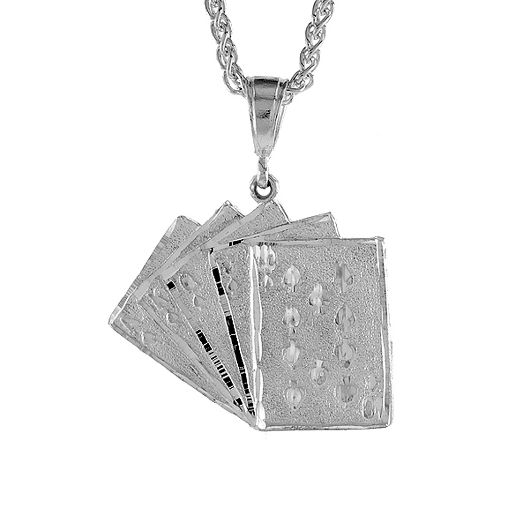 1 3/8 inch Large Sterling Silver Royal Flush Pendant for Men Diamond Cut finish