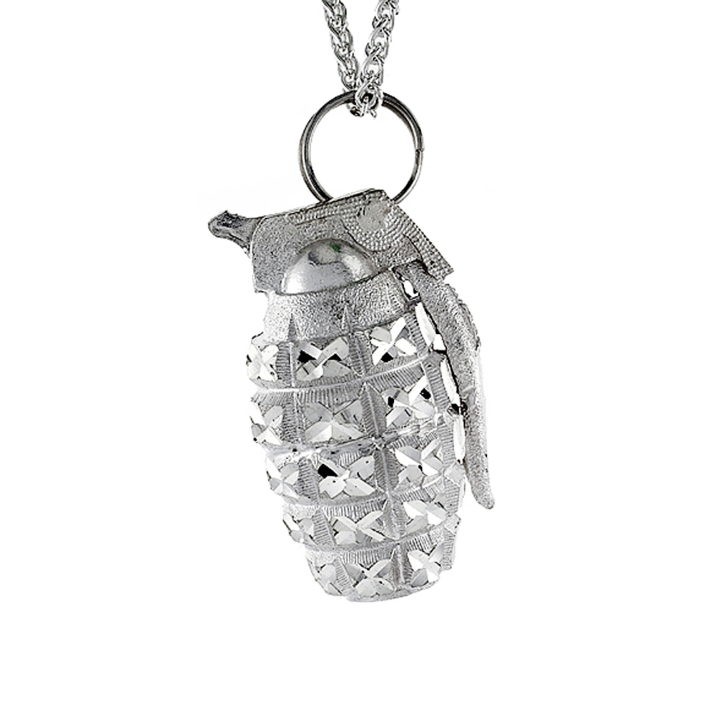 2 3/16 inch Large Sterling Silver Hand Grenade Pendant for Men Diamond Cut finish