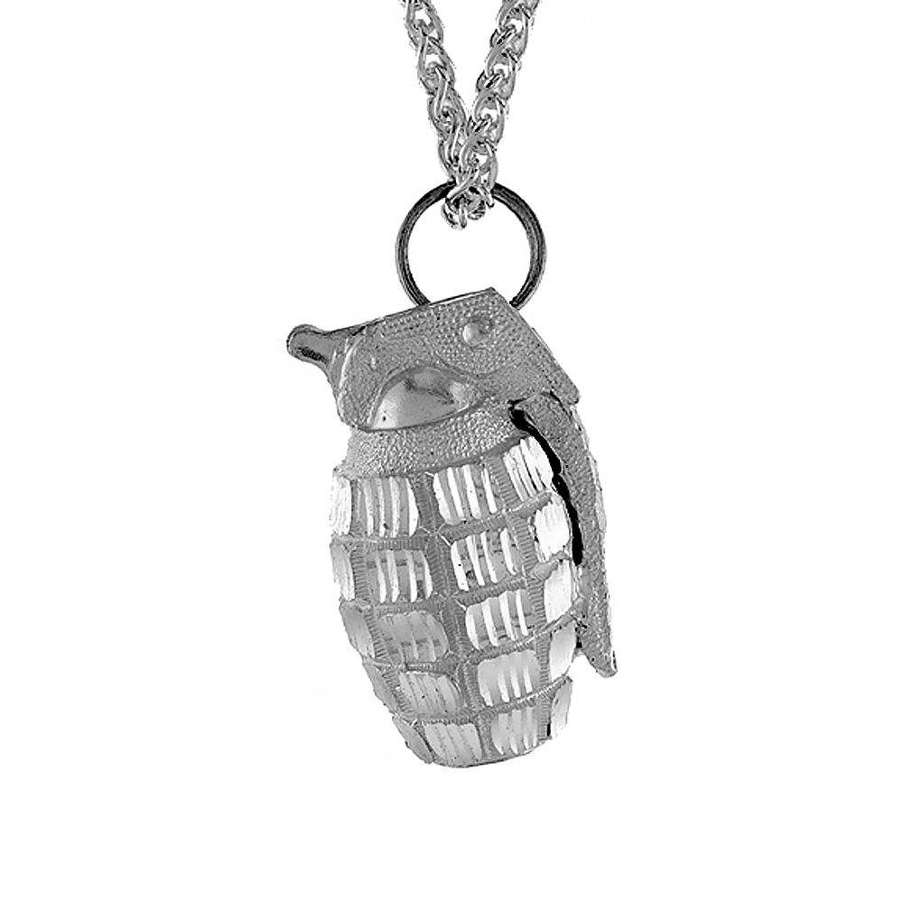 1 1/2 inch Large Sterling Silver Hand Grenade Pendant for Men Diamond Cut finish