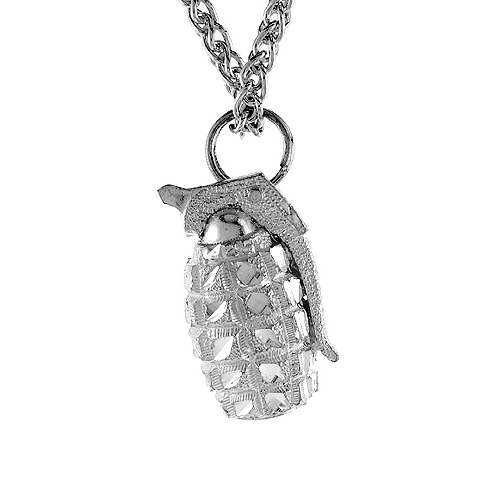 1 1/8 inch Large Sterling Silver Small Hand Grenade Pendant for Men Diamond Cut finish