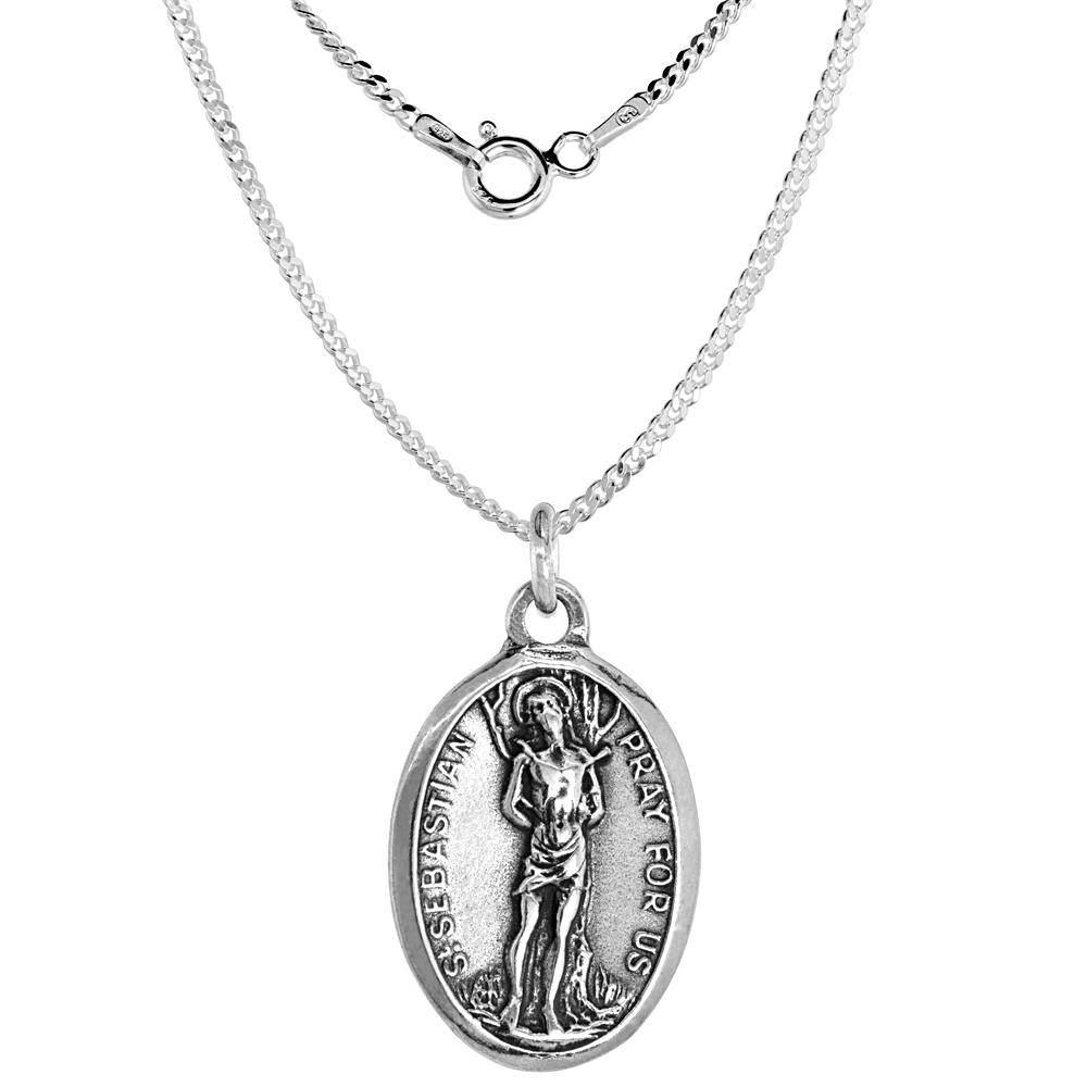 Sterling Silver St Sebastian Medal Pendant Oxidized finish Oval 1 inch