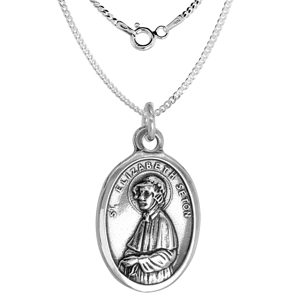 Sterling Silver St Elizabeth Seton Medal Pendant Oxidized finish Oval 1 inch