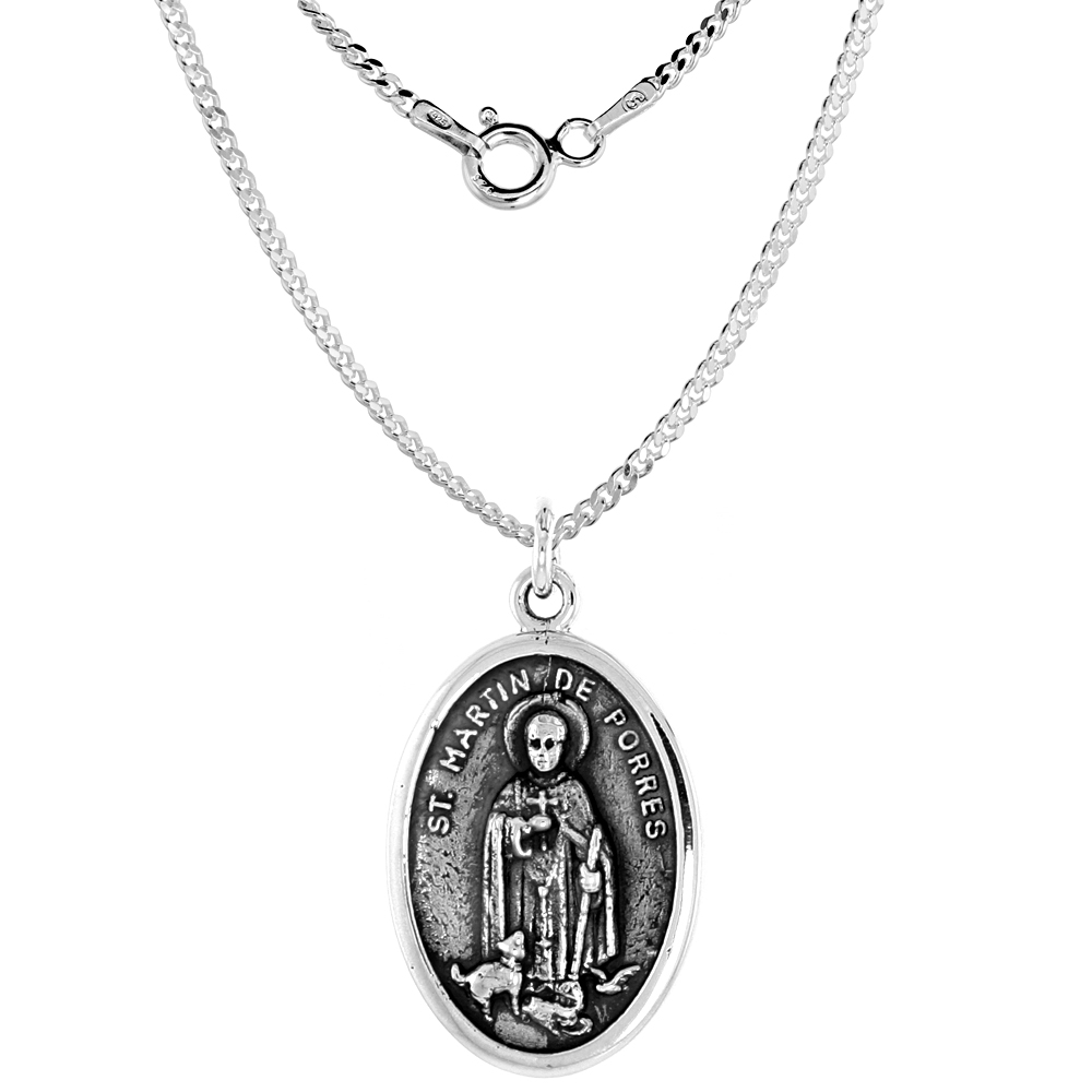 Sterling Silver St Martin de Porres Medal Pendant Oxidized finish Oval 1 inch