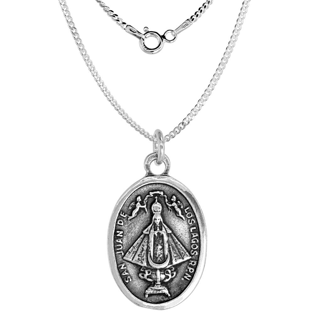 Sterling Silver San Juan De Los Lagos Medal Pendant Oxidized finish Oval 1 inch