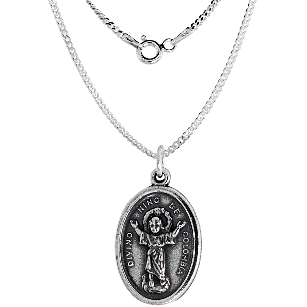 Sterling Silver Divino Nino De Colombia Medal Pendant Oxidized finish Oval 7/8 inch