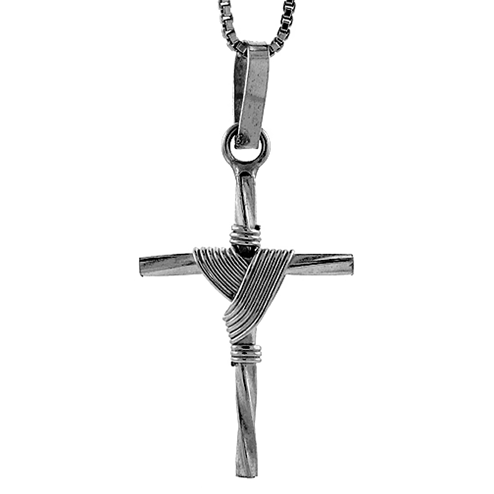 Sterling Silver Rope Cross Pendant Handmade, 1 1/8 inch long