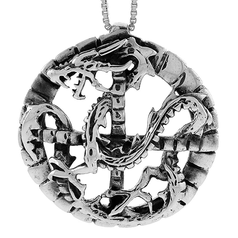 Sterling Silver Dragon in Circle Pendant Handmade, 1 1/4 inch (33 mm)