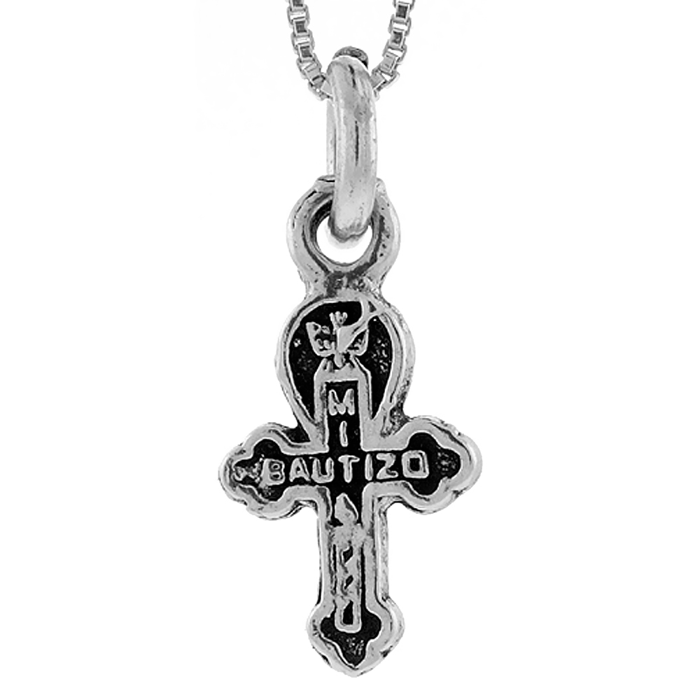 Sterling Silver Mi Bautizo (My Baptism) Cross Pendant Handmade, 7/8 inch long