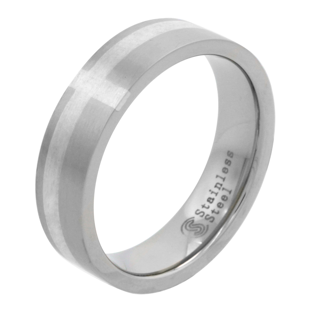 Surgical Stainless Steel 6mm Sterling Silver Cross Inlay Wedding Band Ring Matte Finish, sizes 7 - 14