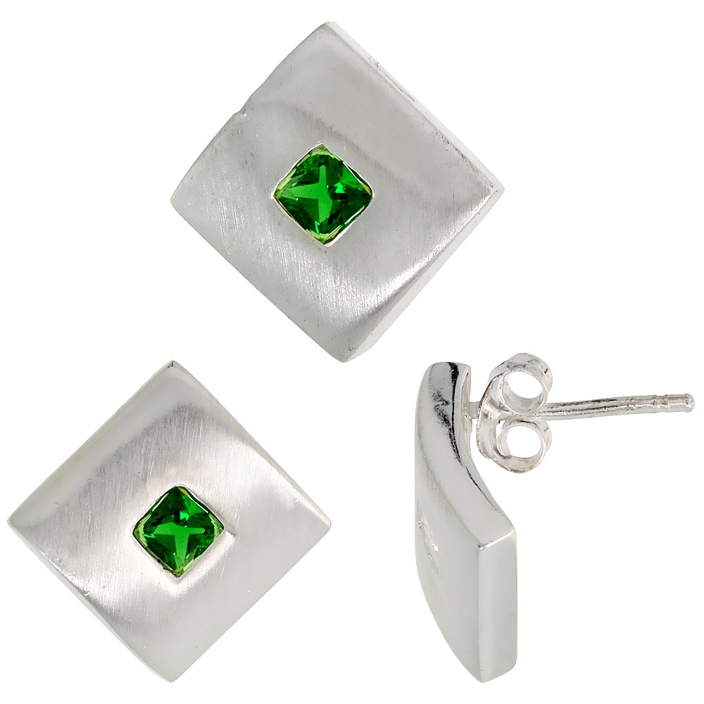 Sterling Silver Princess Cut Emerald Green CZ Geometric Design Square Stud Earrings & Pendant Set Brushed