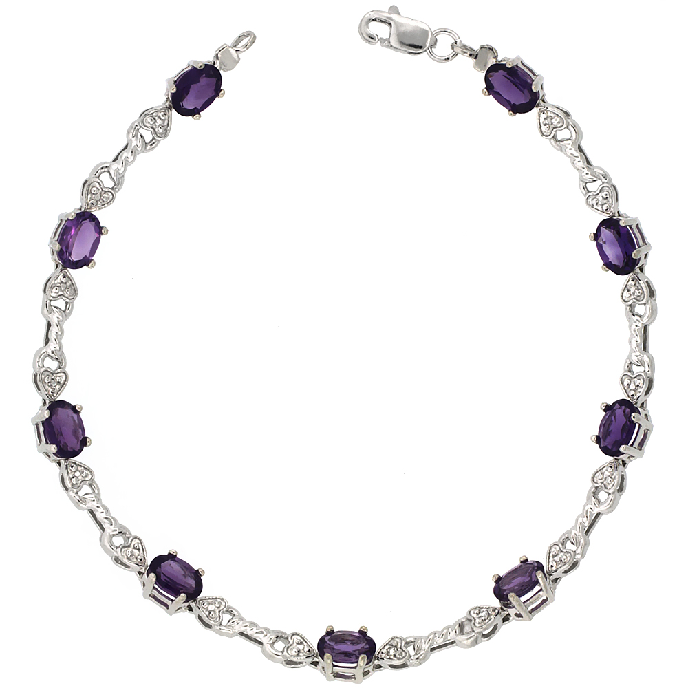 10k White Gold Braided Heart Tennis Bracelet 0.05 ct Diamonds & 4.50 ct Oval Amethyst, 3/16 inch wide