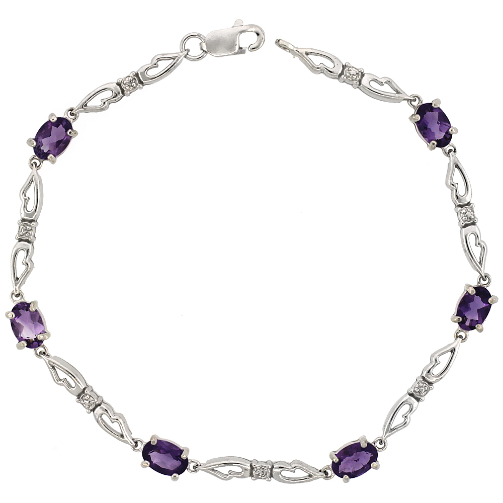 10k White Gold Double Fancy Heart Tennis Bracelet 0.05 ct Diamonds & 3.0 ct Oval Amethyst, 3/16 inch wide