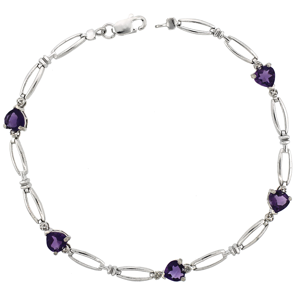 10k White Gold Heart Tennis Bracelet 0.05 ct Diamonds & 2.50 ct Heart Amethyst, 3/16 inch wide