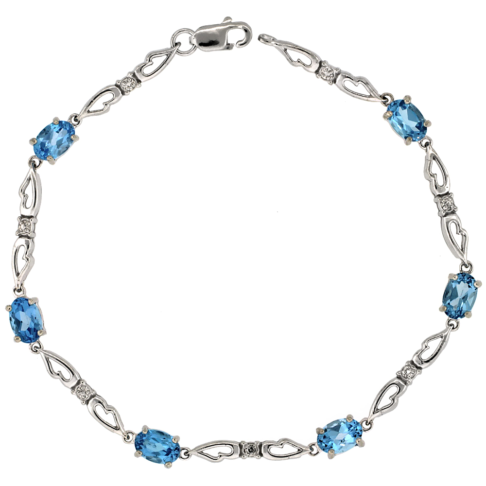 10k White Gold Double Fancy Heart Tennis Bracelet 0.05 ct Diamonds & 3.0 ct Oval Blue Topaz, 3/16 inch wide