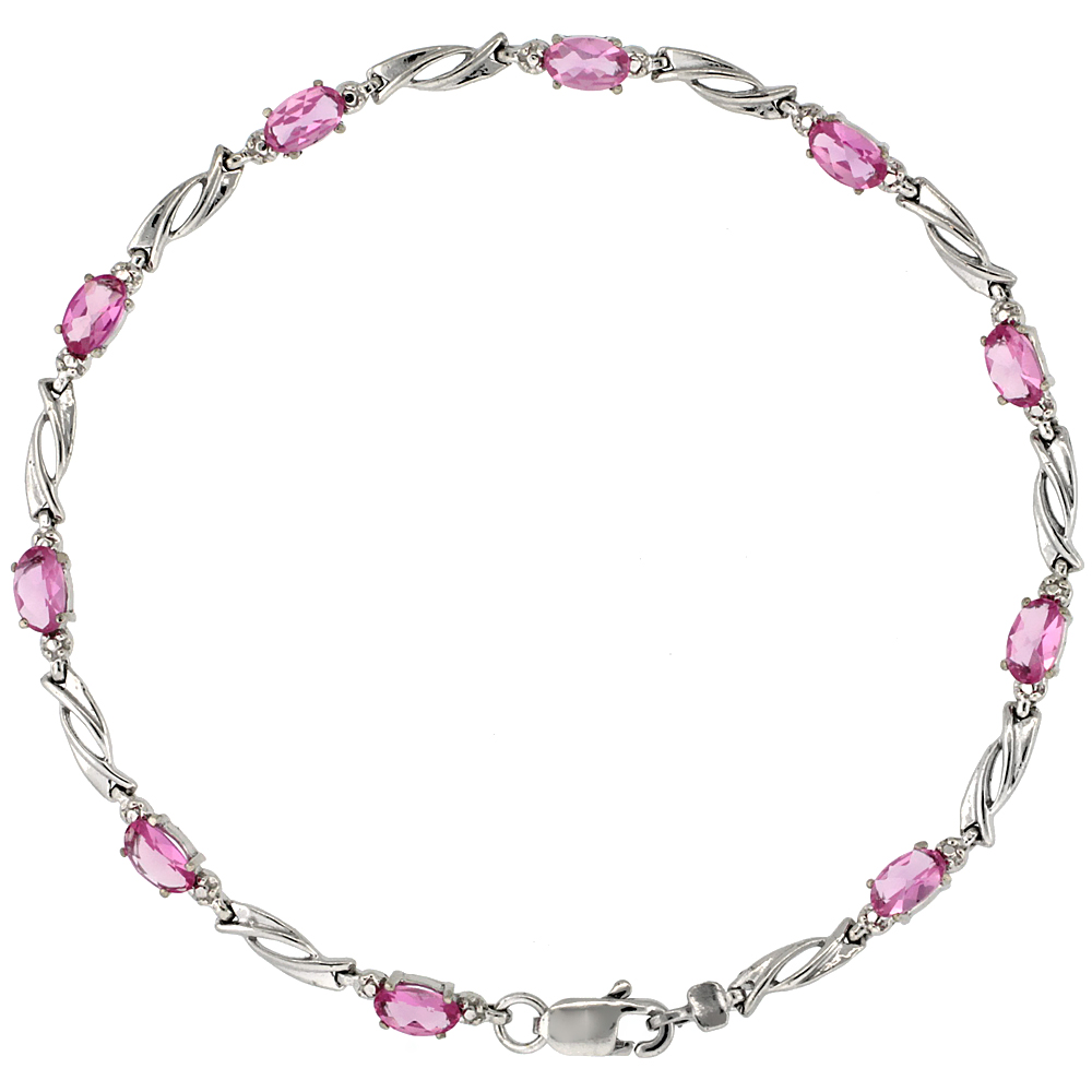 10k White Gold Swirl Tennis Bracelet 0.05 ct Diamonds & 2.50 ct Oval Pink Topaz, 1/8 inch wide