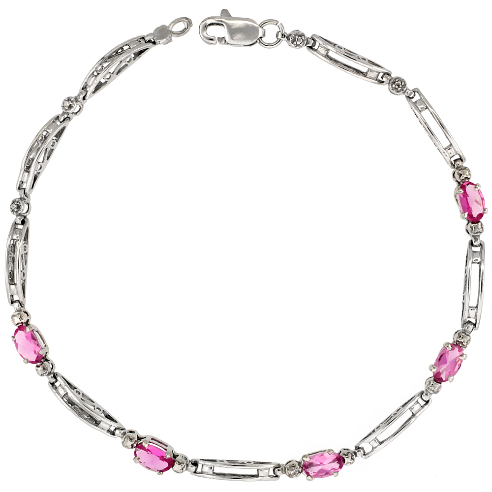 10k White Gold Out Bar Tennis Bracelet 0.05 ct Diamonds & 1.25 ct Oval Pink Topaz, 1/8 inch wide