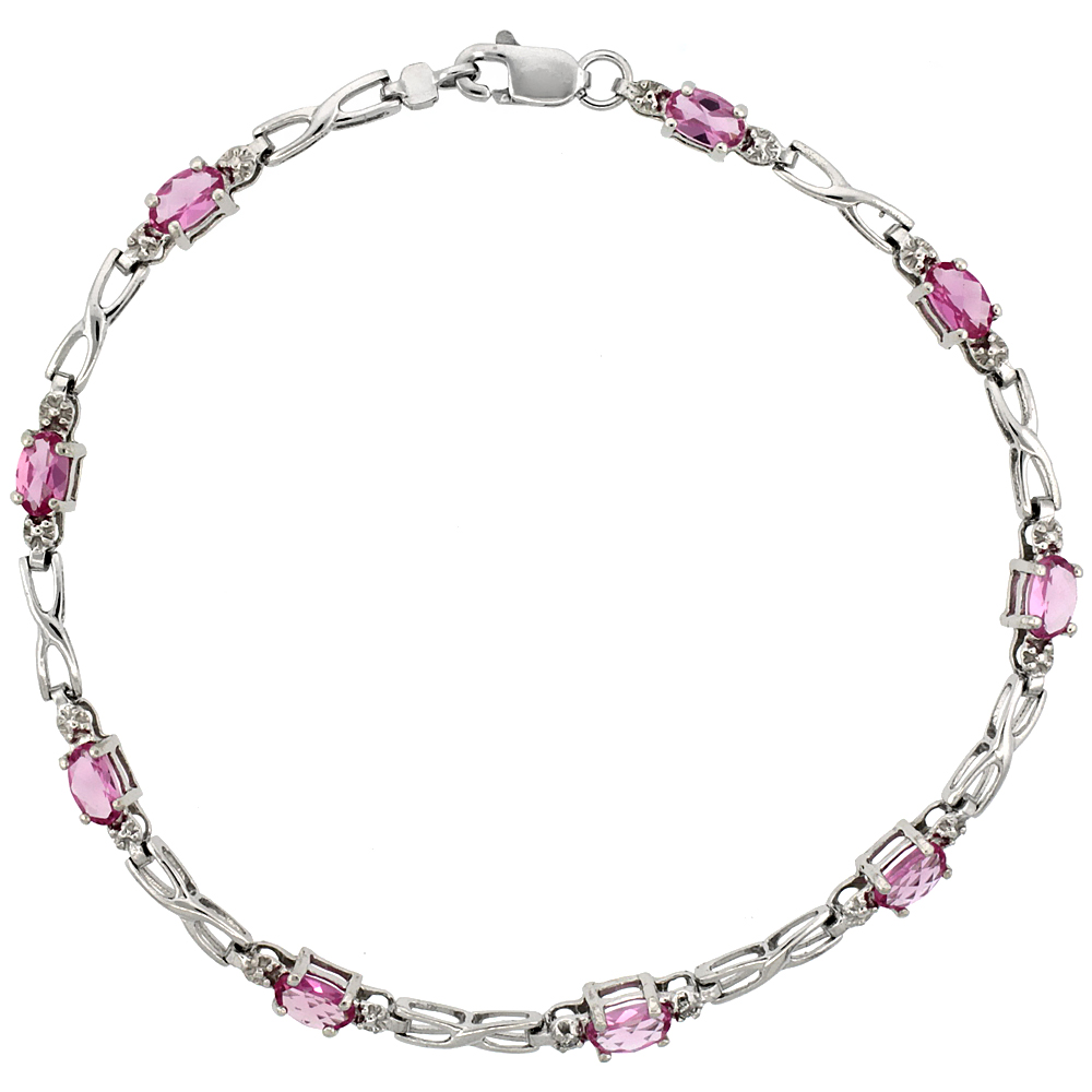 10k White Gold XOXO Hugs & Kisses Tennis Bracelet 0.05 ct Diamonds & 2.25 ct Oval Pink Topaz, 1/8 inch wide