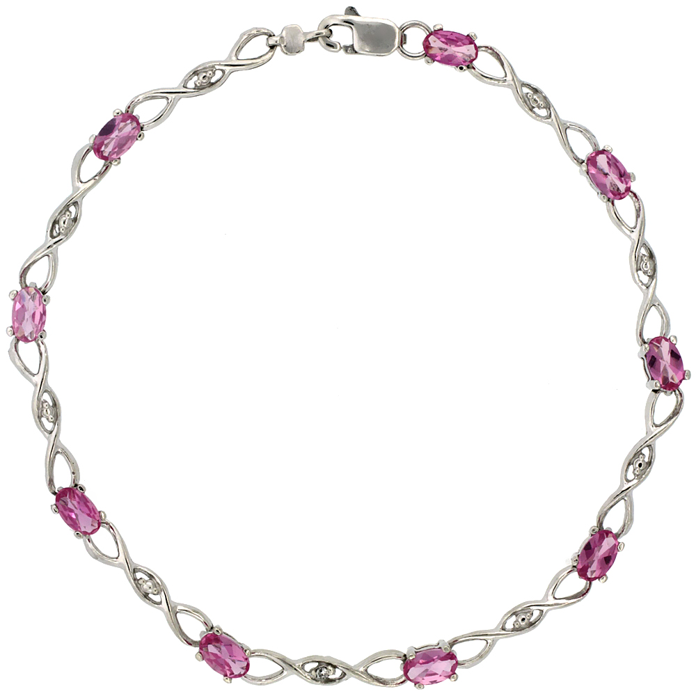 10k White Gold Braided Loop Tennis Bracelet 0.05 ct Diamonds & 2.25 ct Oval Pink Topaz, 1/8 inch wide