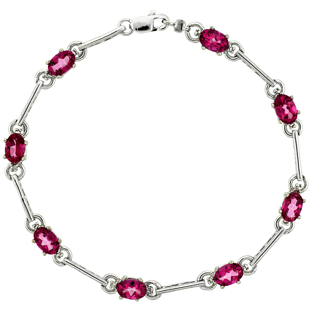 10k White Gold Dash Bar Tennis Bracelet 0.05 ct Diamonds & 4.0 ct Oval Pink Topaz, 3/16 inch wide