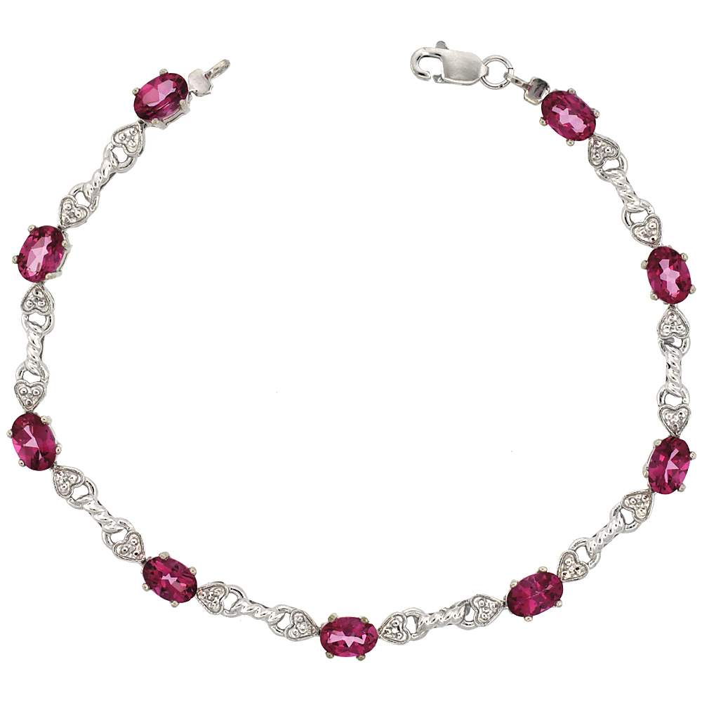 10k White Gold Braided Heart Tennis Bracelet 0.05 ct Diamonds & 4.50 ct Oval Pink Topaz, 3/16 inch wide