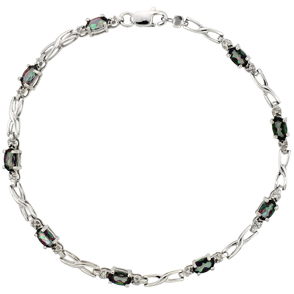 10k White Gold XOXO Hugs & Kisses Tennis Bracelet 0.05 ct Diamonds & 2.25 ct Oval Mystic Topaz, 1/8 inch wide