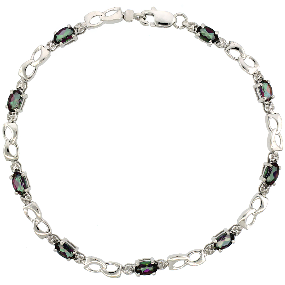 10k White Gold Double Loop Tennis Bracelet 0.05 ct Diamonds & 2.25 ct Oval Mystic Topaz, 1/8 inch wide