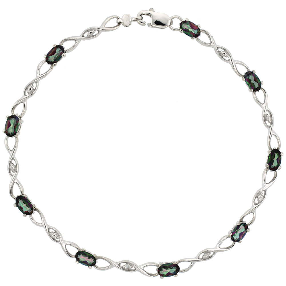 10k White Gold Braided Loop Tennis Bracelet 0.05 ct Diamonds & 2.25 ct Oval Mystic Topaz, 1/8 inch wide