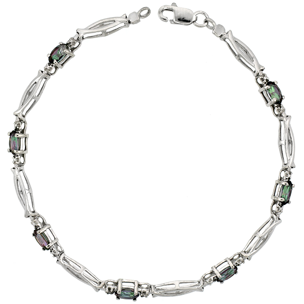 10k White Gold Christian Fish Tennis Bracelet 0.05 ct Diamonds & 1.75 ct Oval Mystic Topaz, 1/8 inch wide