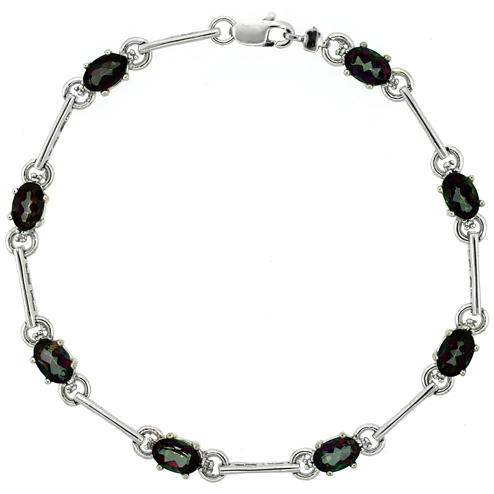 10k White Gold Dash Bar Tennis Bracelet 0.05 ct Diamonds & 4.0 ct Oval Mystic Topaz, 3/16 inch wide