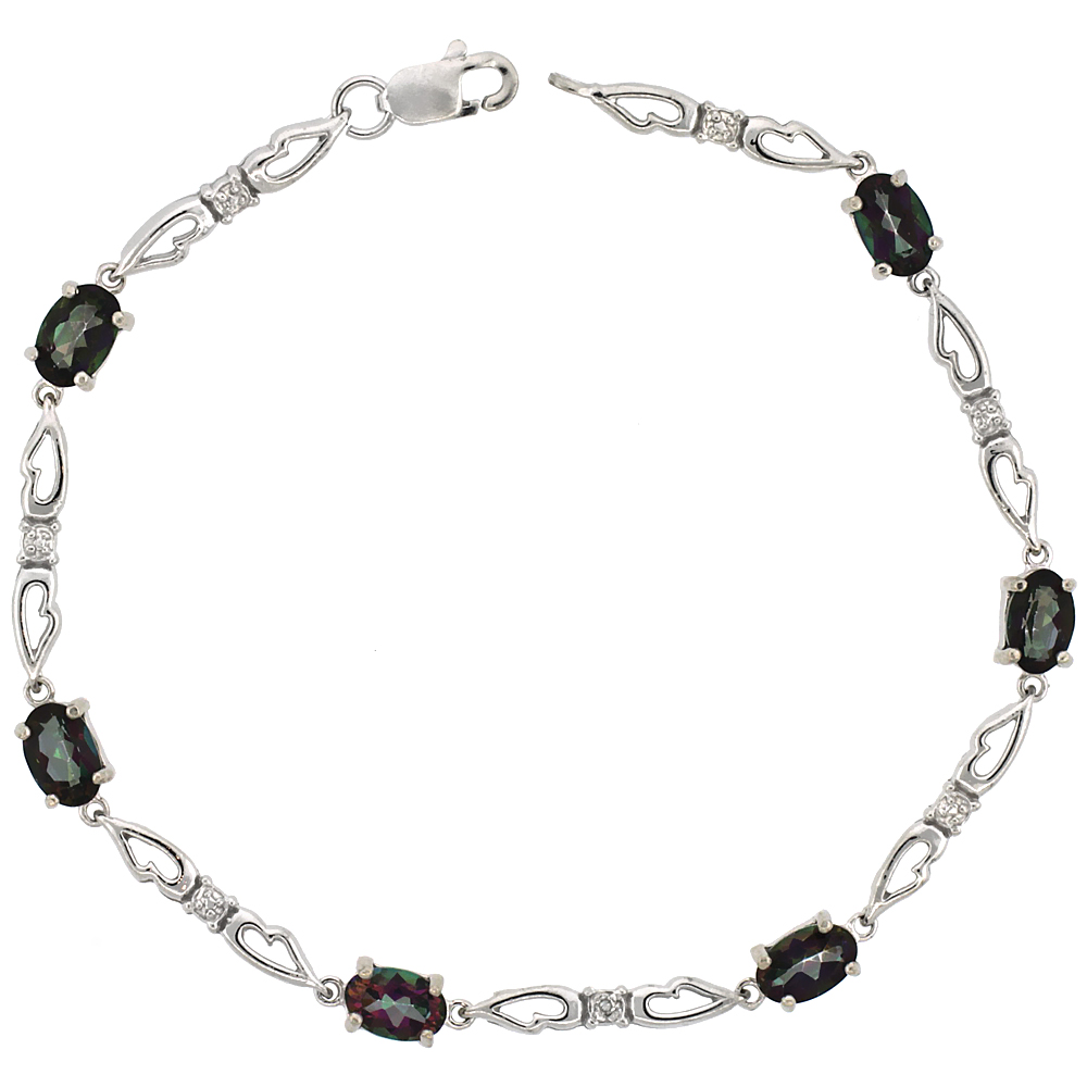 10k White Gold Double Fancy Heart Tennis Bracelet 0.05 ct Diamonds & 3.0 ct Oval Mystic Topaz, 3/16 inch wide