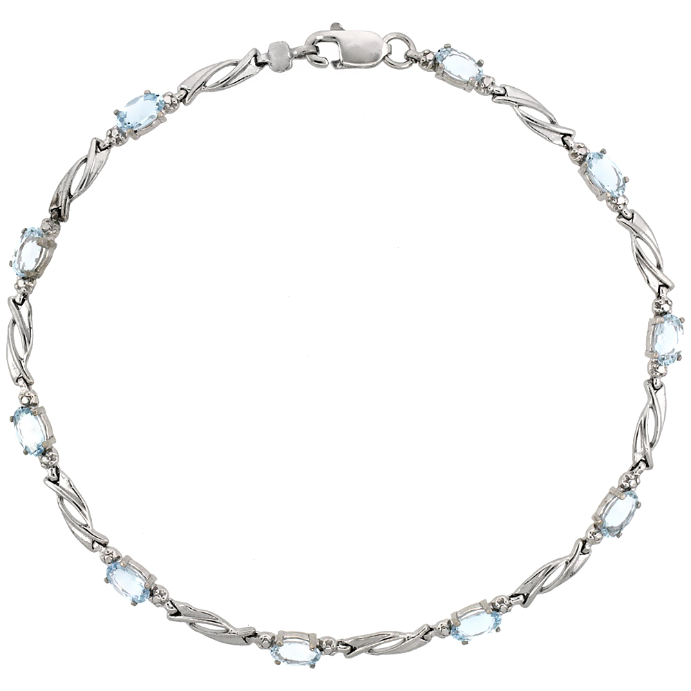 10k White Gold Swirl Tennis Bracelet 0.05 ct Diamonds & 2.50 ct Oval Aquamarine, 1/8 inch wide