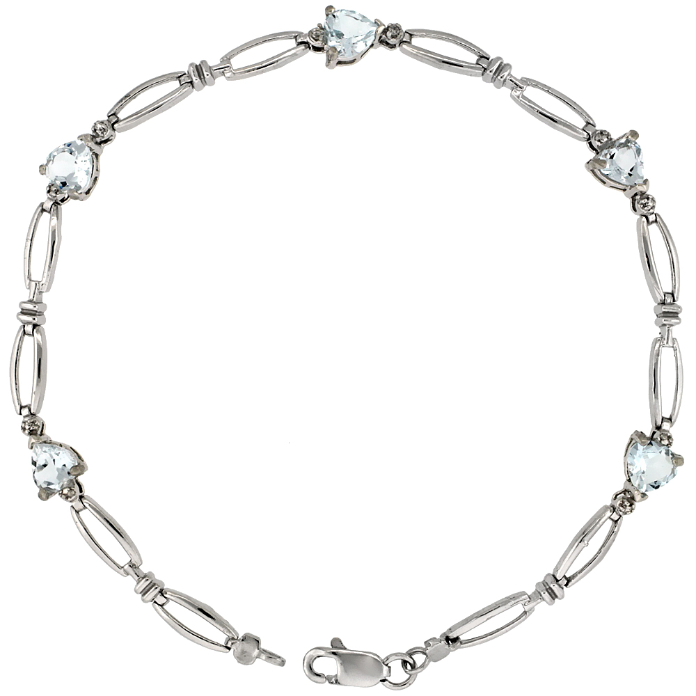 10k White Gold Heart Tennis Bracelet 0.05 ct Diamonds & 2.50 ct Heart Aquamarine, 3/16 inch wide