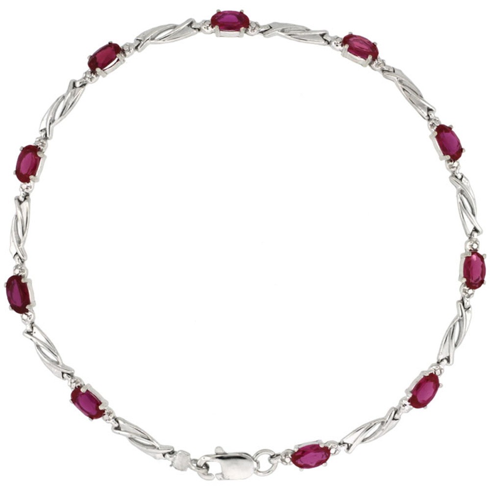 10k White Gold Swirl Tennis Bracelet 0.05 ct Diamonds & 2.50 ct Oval Created Ruby, 1/8 inch wide