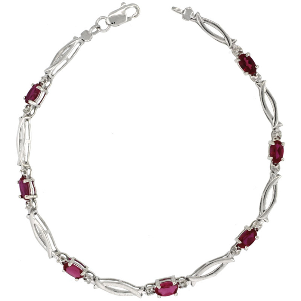 10k White Gold Christian Fish Tennis Bracelet 0.05 ct Diamonds & 1.75 ct Oval Created Ruby, 1/8 inch wide