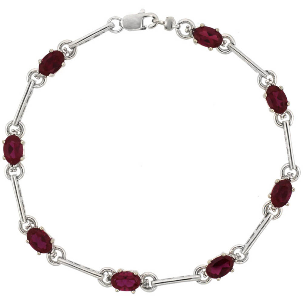 10k White Gold Dash Bar Tennis Bracelet 0.05 ct Diamonds & 4.0 ct Oval Created Ruby, 3/16 inch wide