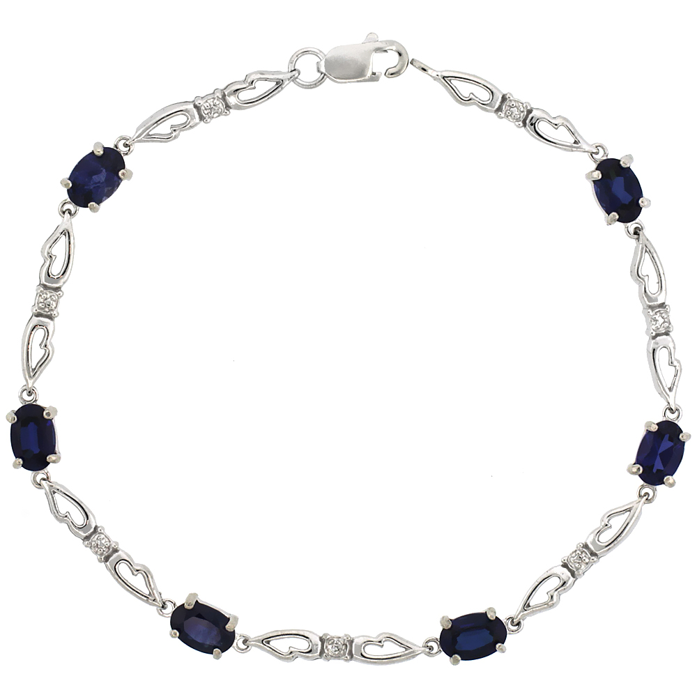 10k White Gold Double Fancy Heart Tennis Bracelet 0.05 ct Diamonds & 3.0 ct Oval Created Blue Sapphire, 3/16 inch wide