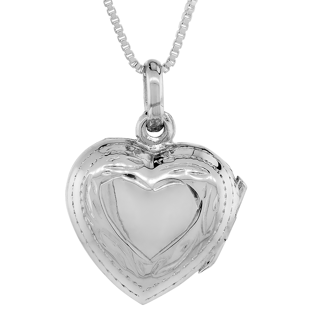 Small 5/8 inch Sterling silver Engraved Heart Locket Pendant for Women Handmade