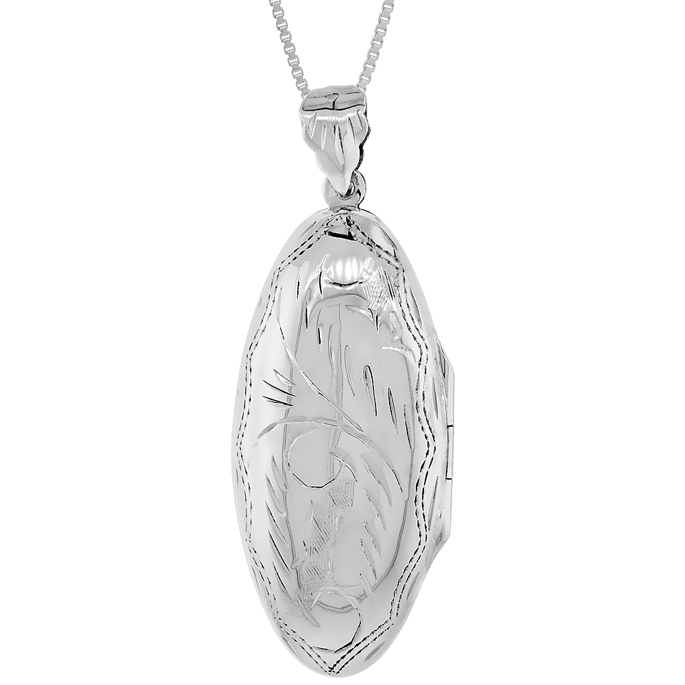 Long 3/4 inch Sterling silver Engraved Oval Locket Pendant for Women Handmade