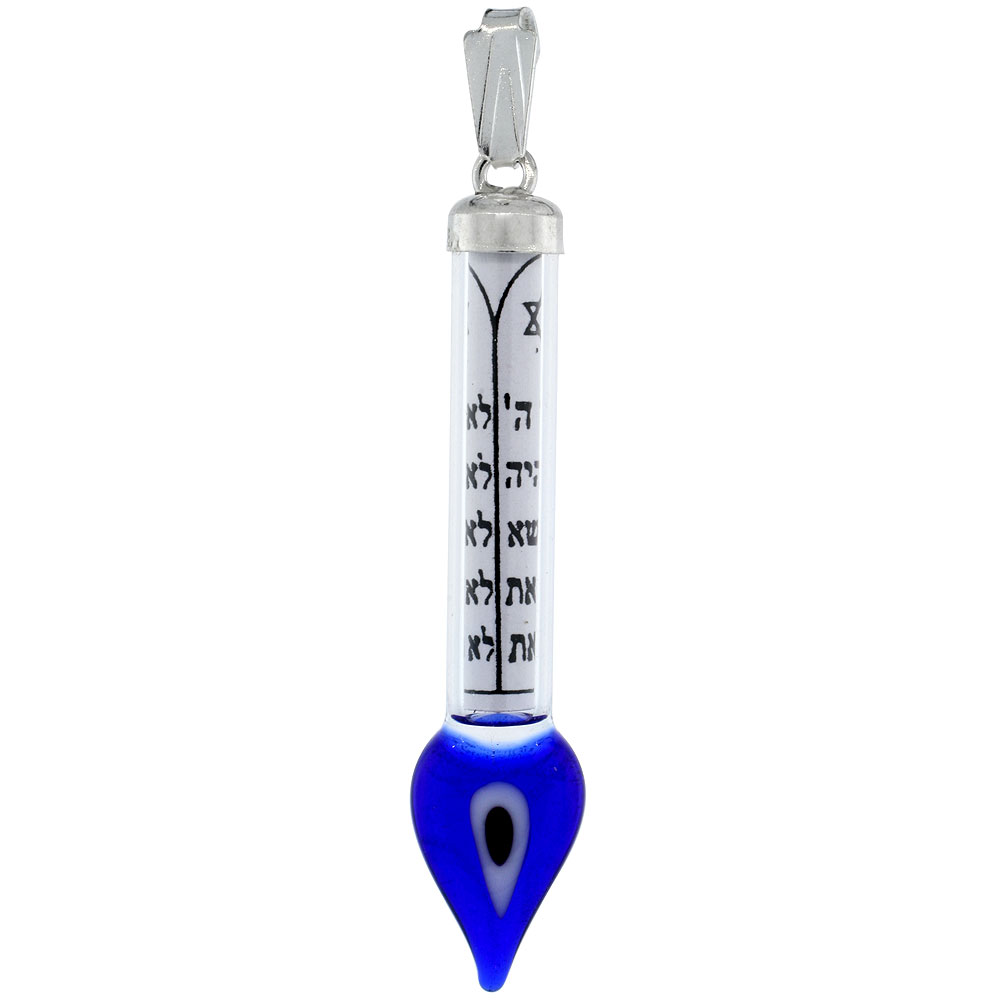 Sterling Silver Mezuzah Pendant w/ The Ten Commandments Evil Eye in Glass Case 1 13/16 inch