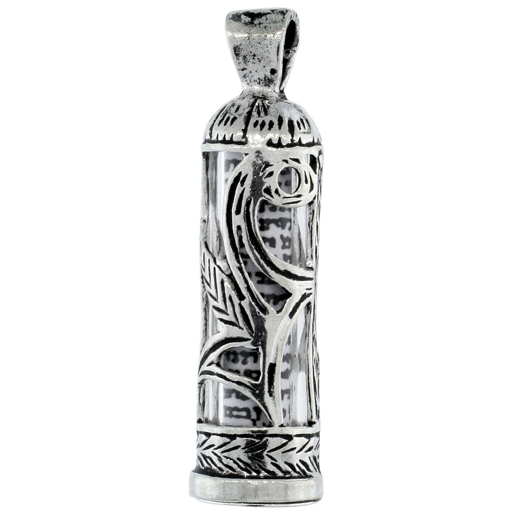 Sterling Silver Mezuzah Pendant w/ Leaf Designs 1 inch