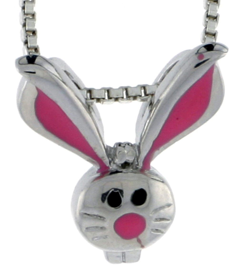 Sterling Silver Child Size Rabbit Head Pendant, w/ Pink Enamel Design, 9/16" (15 mm) tall