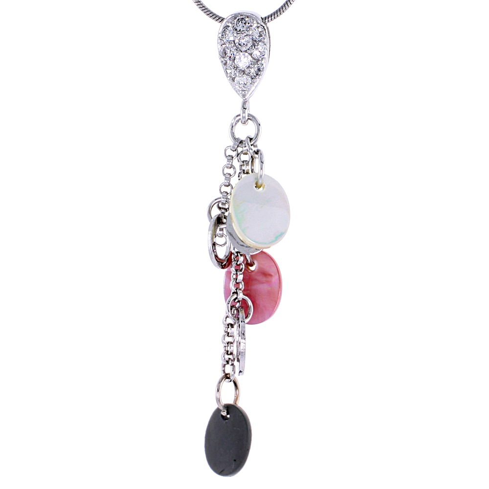 Sterling Silver Jeweled Pendant, w/ Mother of Pearl & Cubic Zirconia, 2 3/16" (56 mm) tall