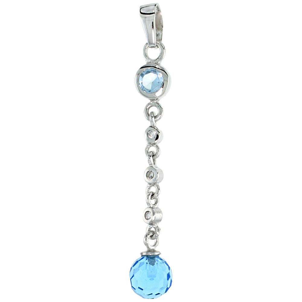 Sterling Silver Jeweled Blue Topaz Crystal Pendant, w/ Cubic Zirconia stones, 1 9/16 (40 mm)