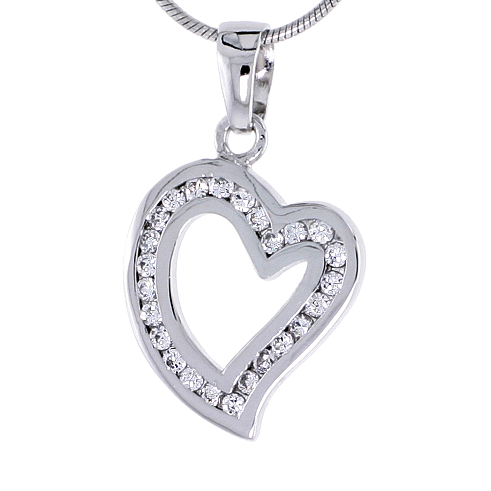 Sterling Silver Jeweled Heart Pendant, w/ Cubic Zirconia stones, 13/16" (21 mm) tall