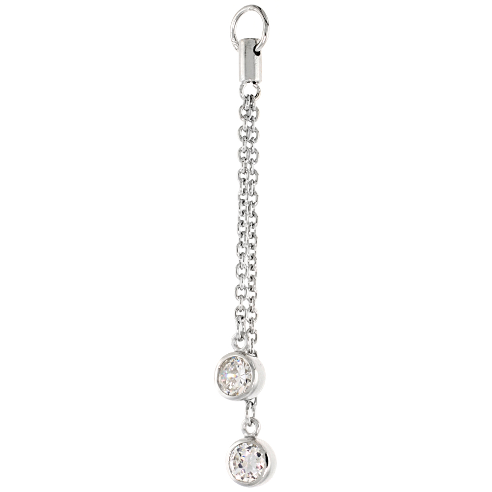 Sterling Silver Jeweled Pendant, w/ Rolo chain & Round Cubic Zirconia, 2 3/16 (55 mm)